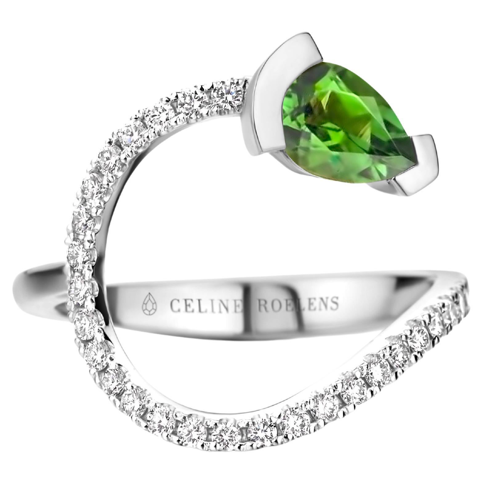 White Gold Green Tourmaline Diamond Cocktail Ring  For Sale
