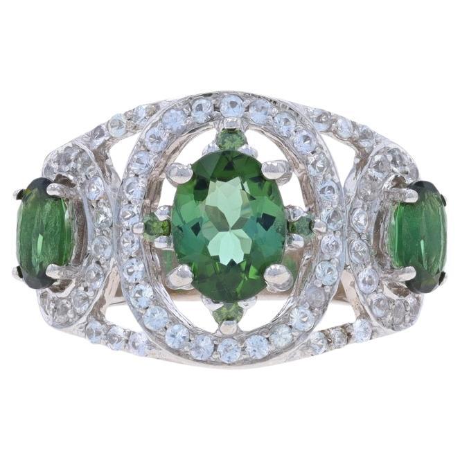 White Gold Green Tourmaline White Topaz Halo Ring - 14k Oval 4.28ctw Three-Stone