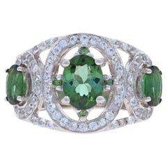 Anillo de oro blanco con halo de turmalina verde y topacio blanco - 14k Oval de 4,28 ctw Tres piedras