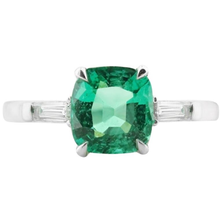 White Gold Green Zambian Emerald Ring with Diamonds, 1.35 Carat For Sale