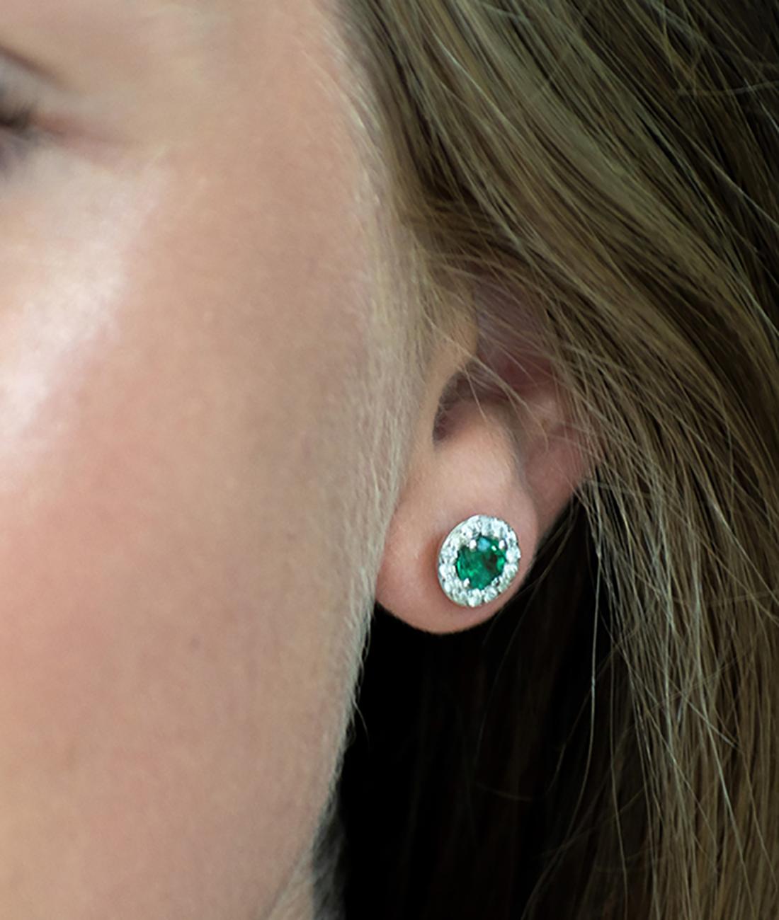 Round Cut White Gold Halo Emerald Diamond Earrings Weighing 1.25 Carat