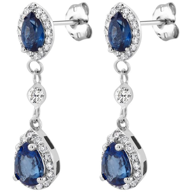 White Gold Halo Pear Shape Sapphire Diamond Drop Earrings Weighing 4.30 Carat