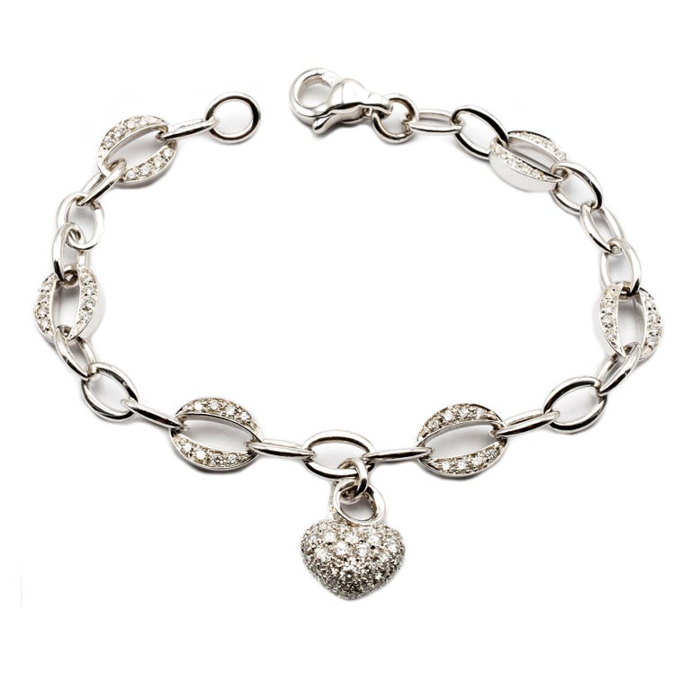 White Gold Heart Charm Bracelet with Diamonds Made in Italy For Sale at ...