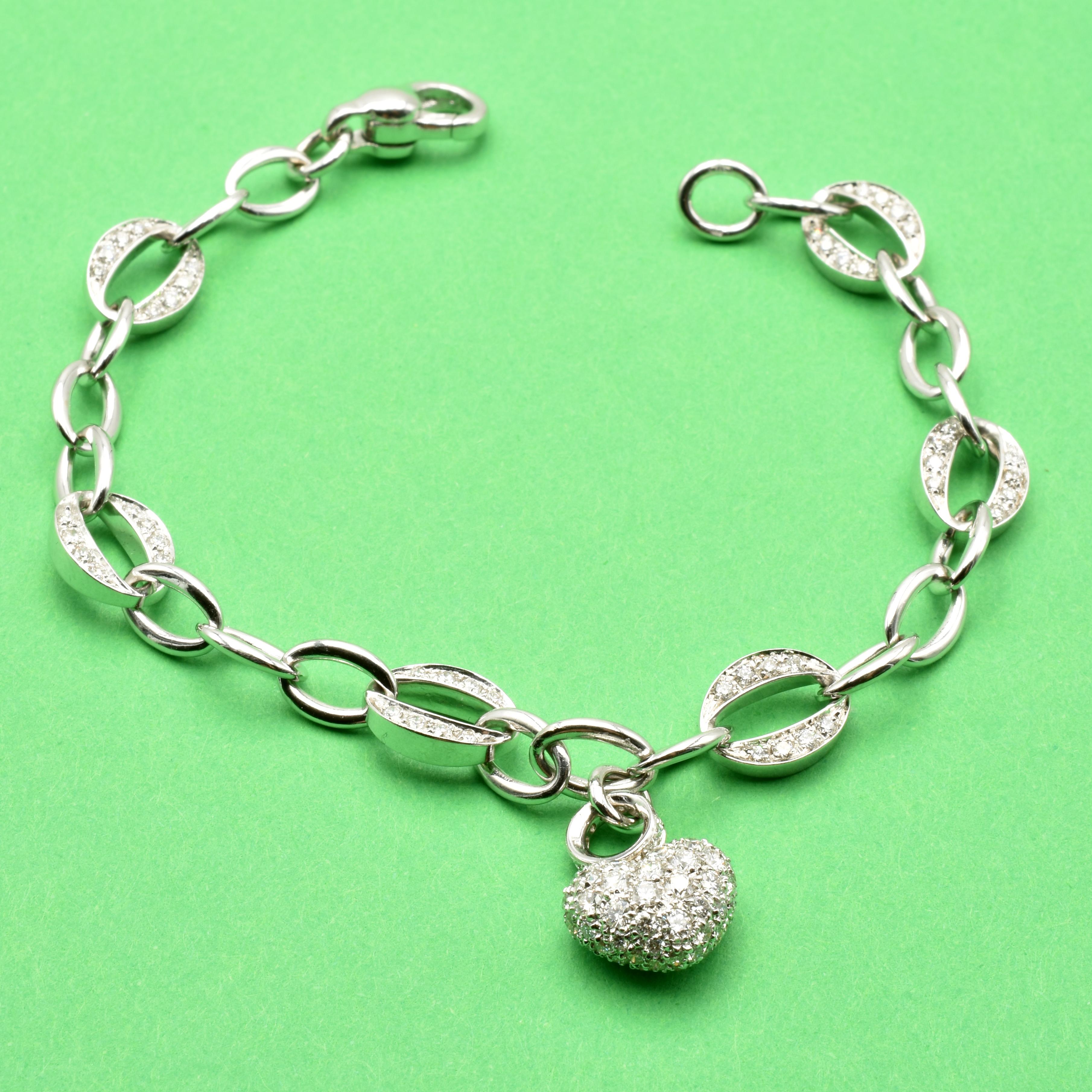 Contemporary White Gold Heart Charm Bracelet with Diamonds Made in Italy For Sale
