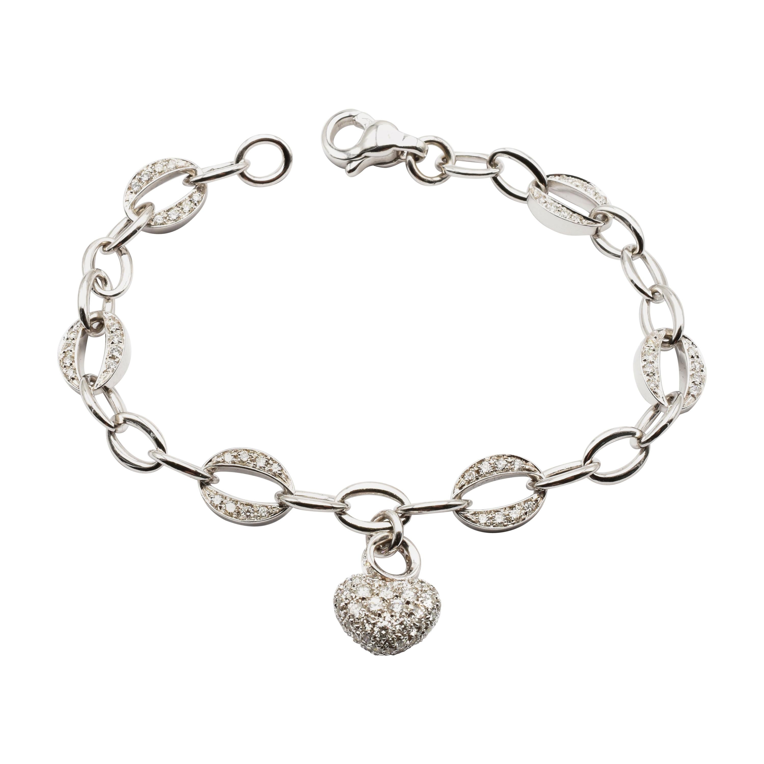 White Gold Heart Charm Bracelet with Diamonds Made in Italy For Sale