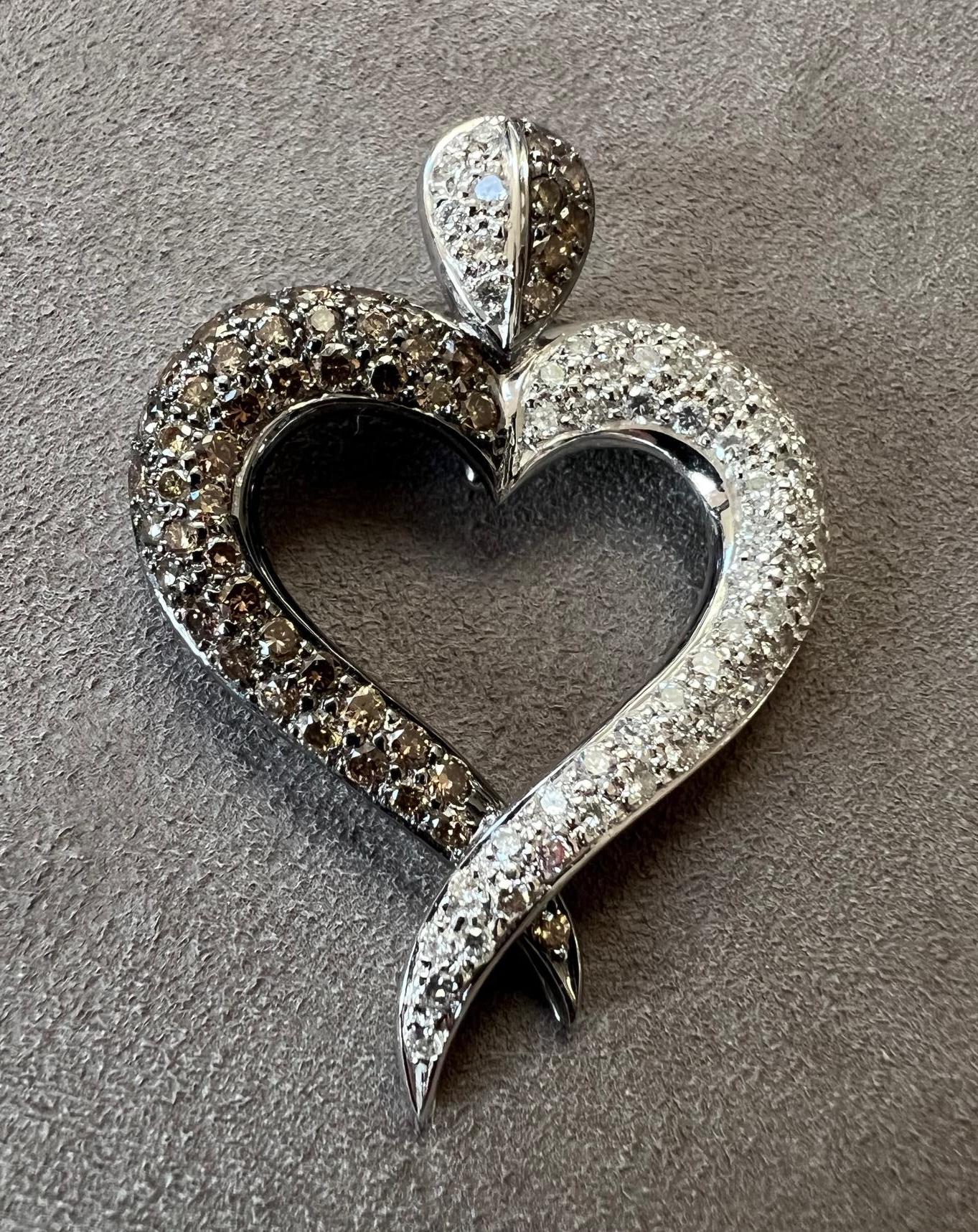 Contemporary White Gold Heart Shaped White And Cognac Diamond Pendant For Sale