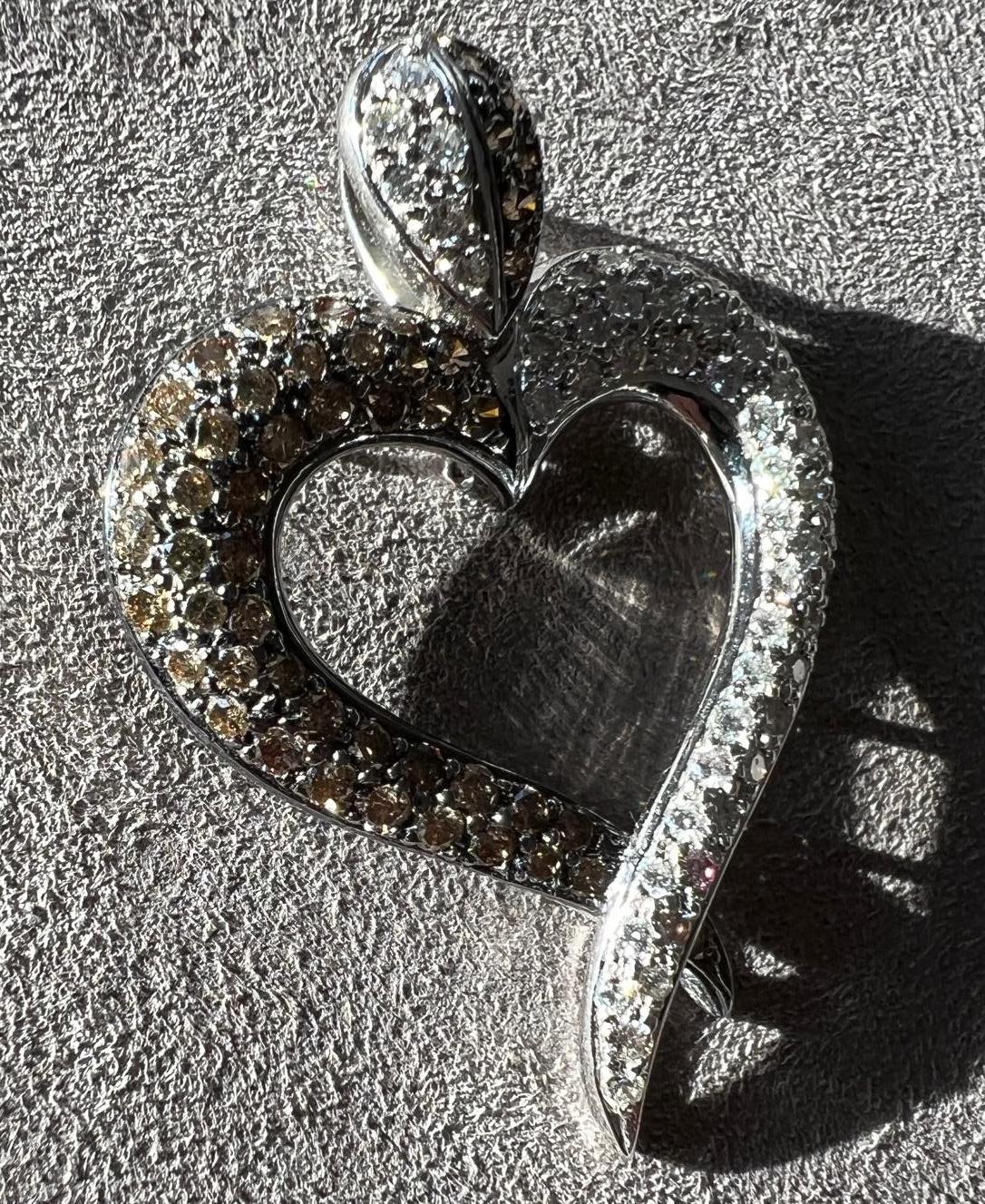 White Gold Heart Shaped White And Cognac Diamond Pendant For Sale 2