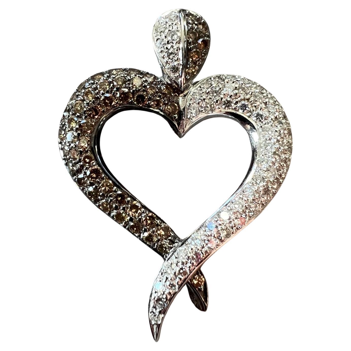 White Gold Heart Shaped White And Cognac Diamond Pendant For Sale
