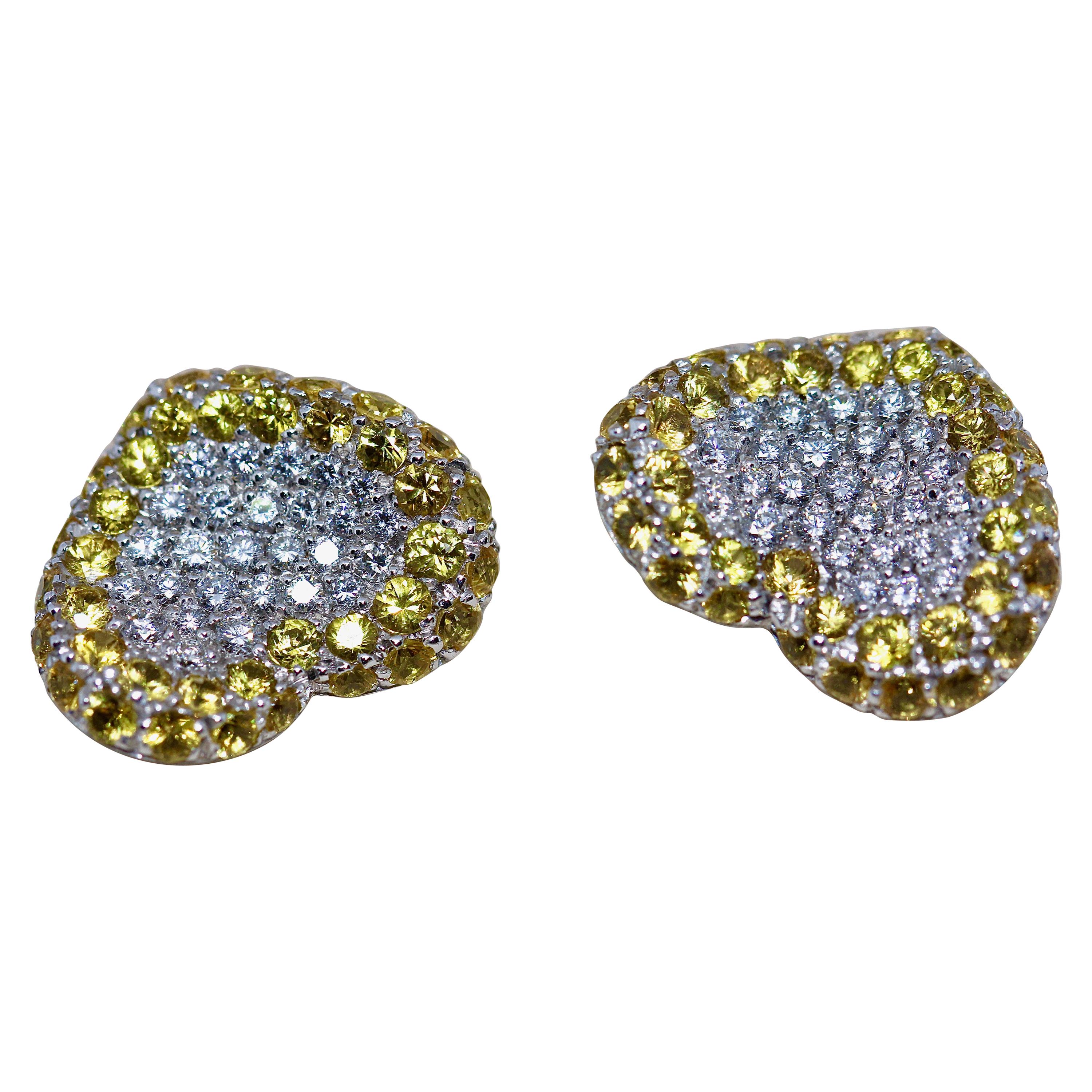 White Gold, Heart Stud Earrings, Set with Diamonds and Sapphires, Pasquale Bruni For Sale