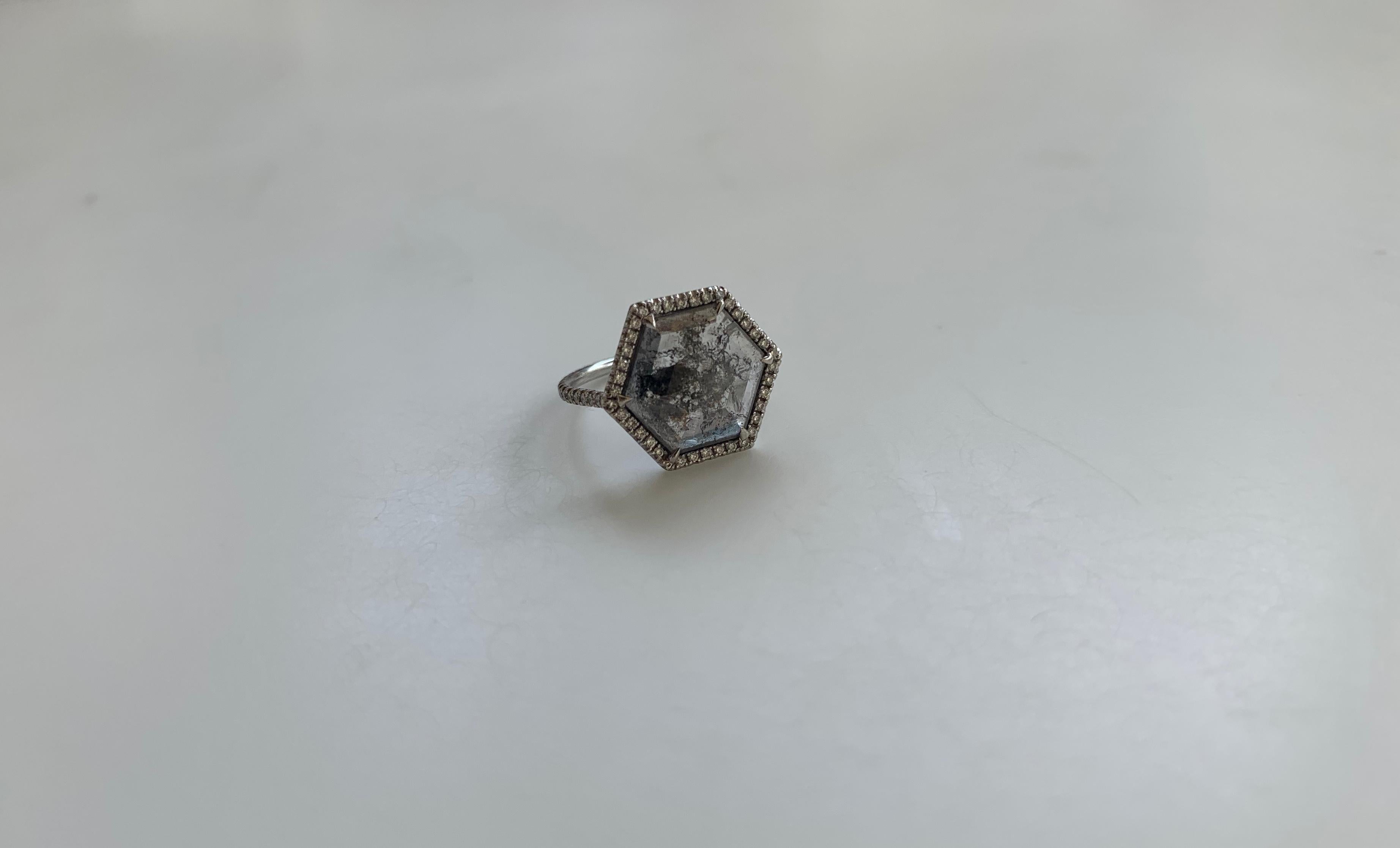 White Gold Hexagon Rose Cut Rustic Diamond with White Diamond Pave For Sale 5