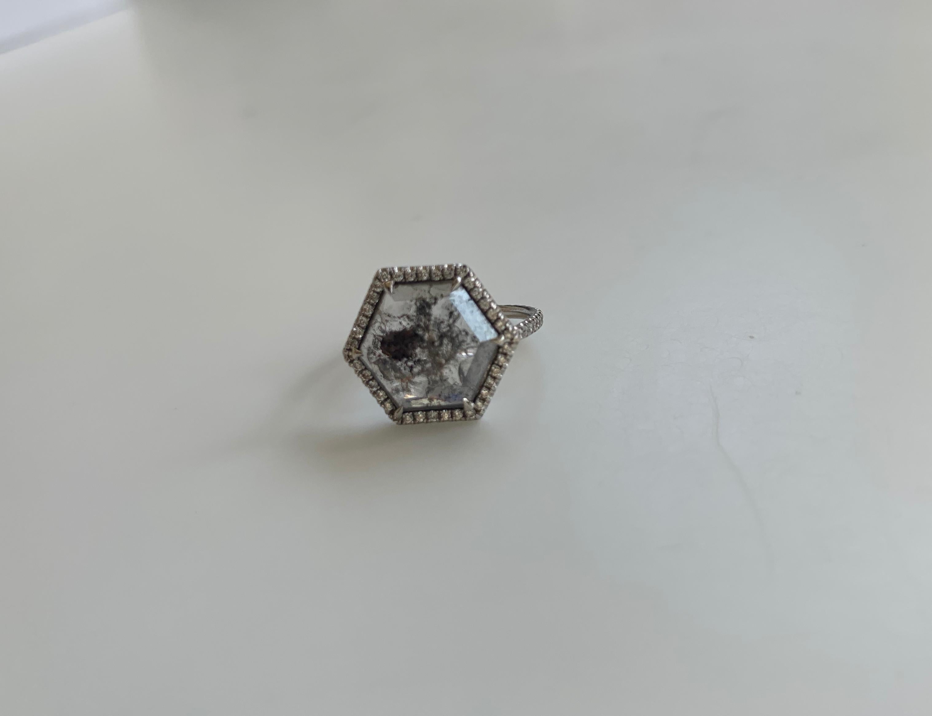 White Gold Hexagon Rose Cut Rustic Diamond with White Diamond Pave For Sale 8
