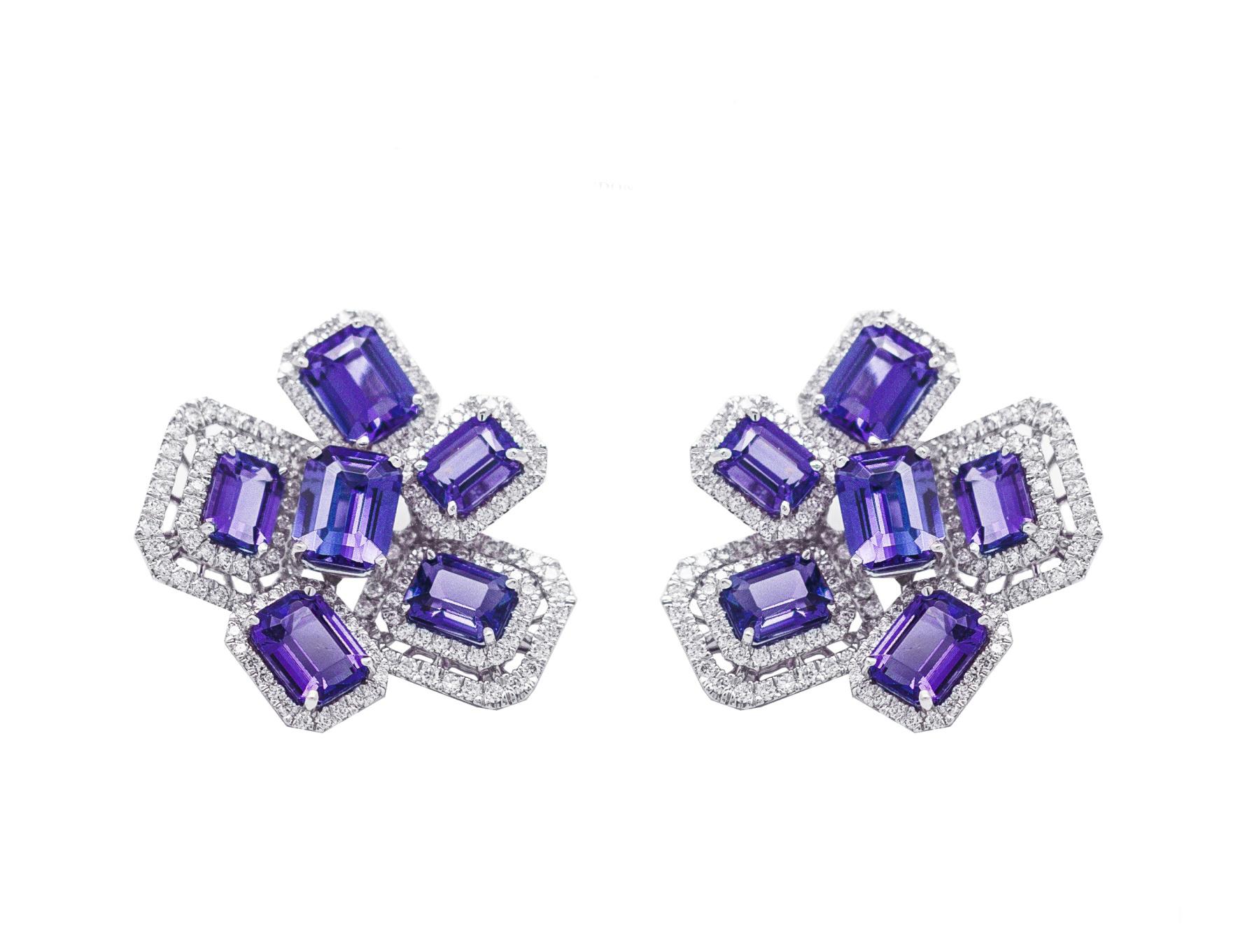 Modern Ananya White Gold Hexagonal Earrings Set with Tanzanite and Diamonds For Sale