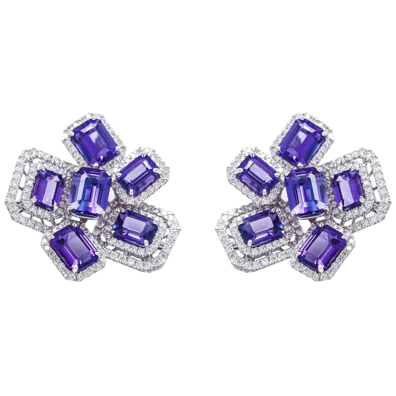 Ananya White Gold Hexagonal Earrings Set with Tanzanite and Diamonds For Sale