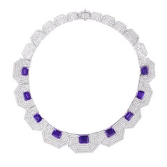 Ananya White Gold Hexagonal Necklace Set with Tanzanite and Diamonds