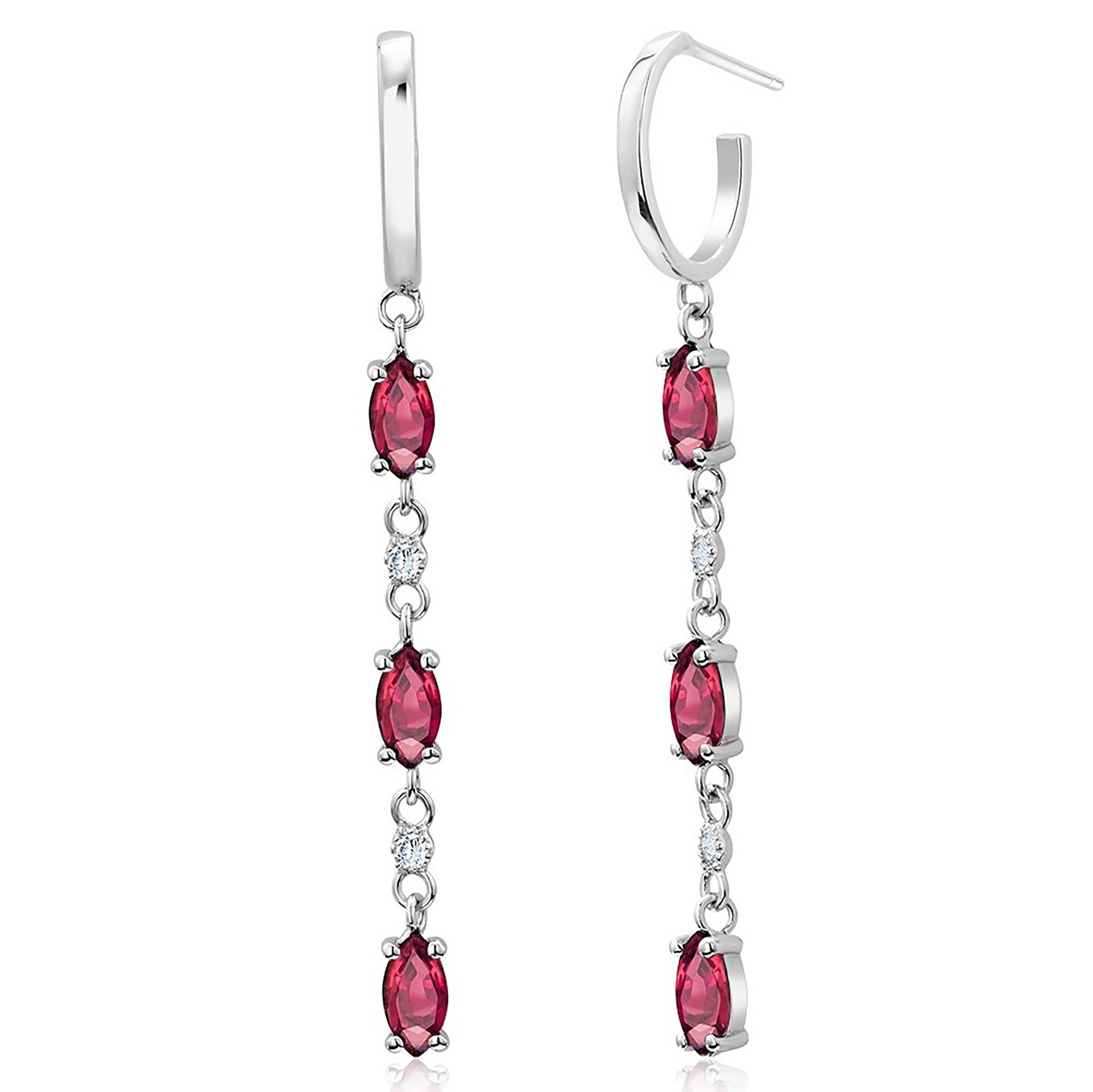 Marquise Cut Six Marquise Rubies and Diamonds White Gold Hoop Earrings  