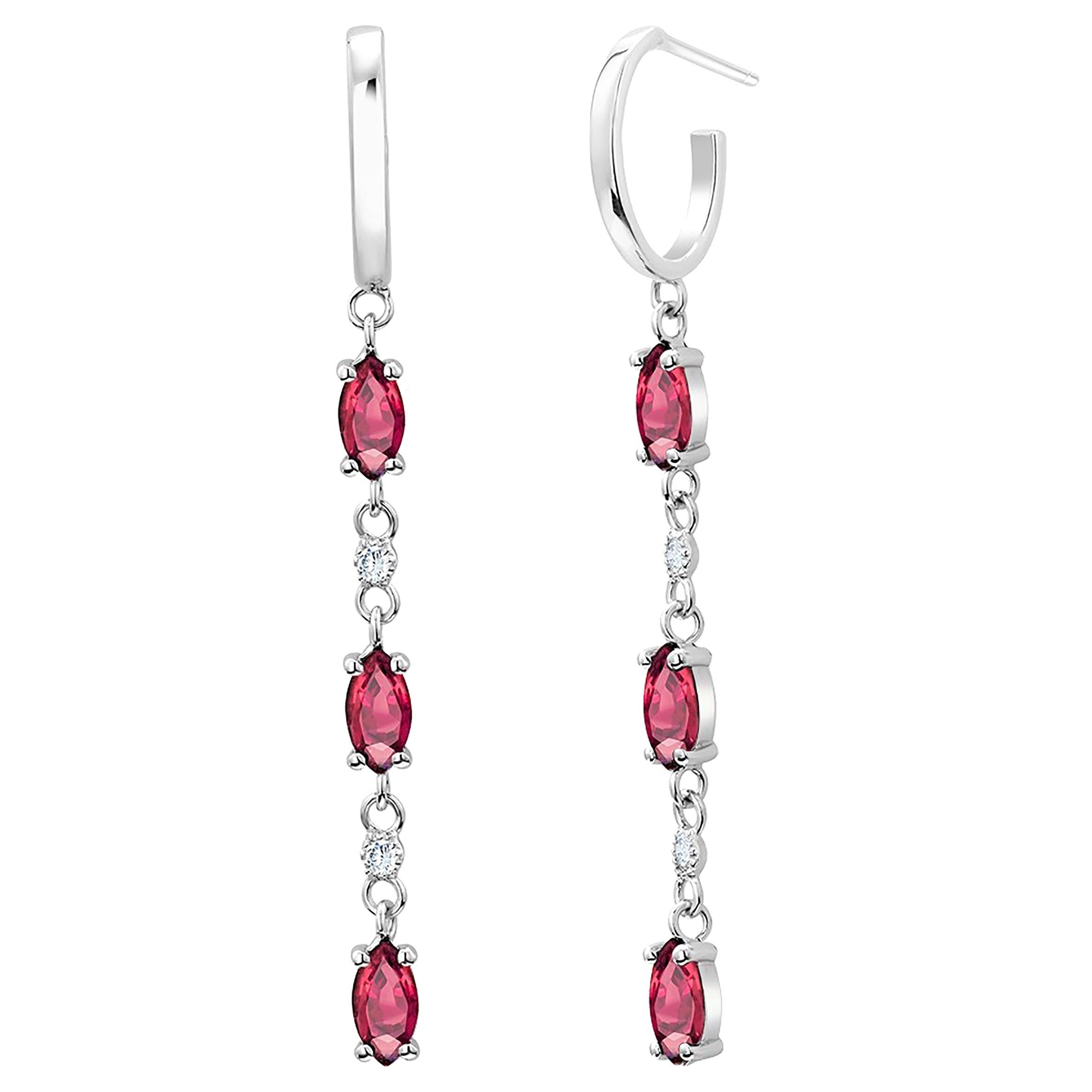 Six Marquise Rubies and Diamonds White Gold Hoop Earrings  