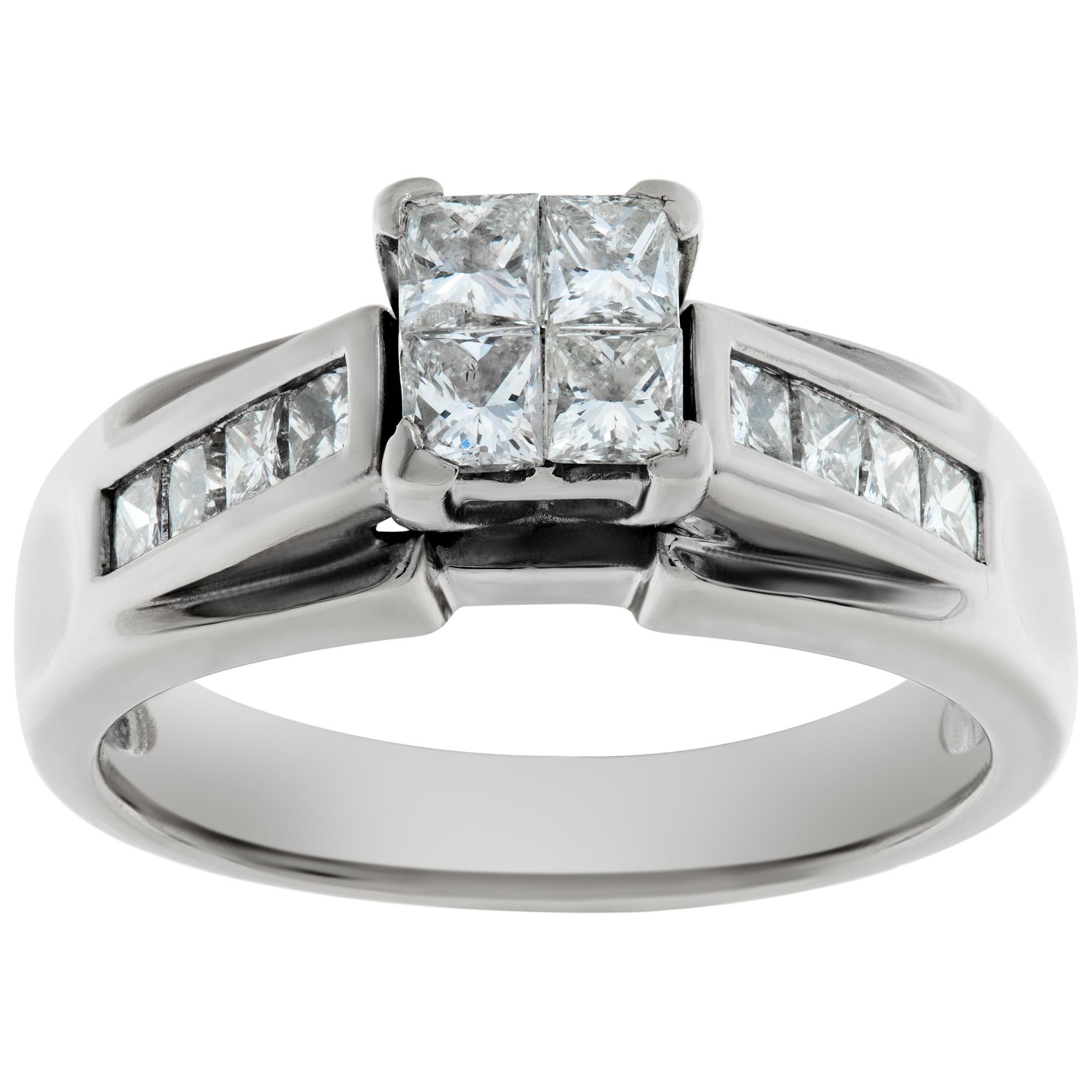 Illusion brilliant princess cut diamond ring set in 14k white gold. Princess cut diamonds approx. weight: 1.00 carat. Estimate: H-I color. VS-SI clarity. Size 8.This Diamond ring is currently size 8 and some items can be sized up or down, please
