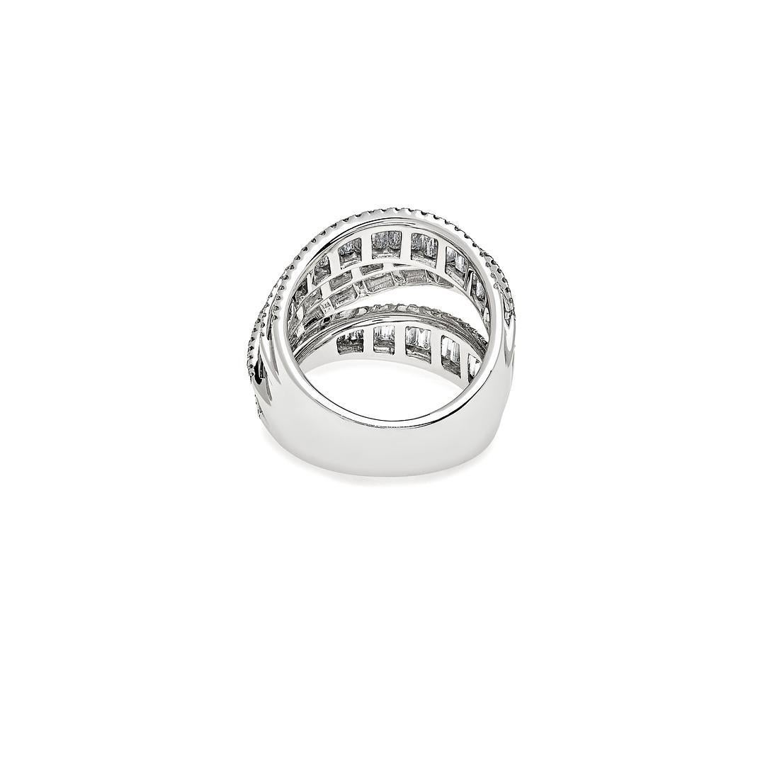 Modern White Gold Invisible Set Baguette Layered Cocktail Ring For Sale