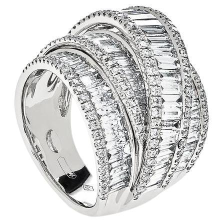 White Gold Invisible Set Baguette Layered Cocktail Ring For Sale