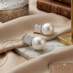White Gold Invisible-Set Princess Cut Diamond and Australian Pearl Earrings