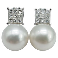 White Gold Invisible-Set Princess Cut Diamond and Australian Pearl Earrings