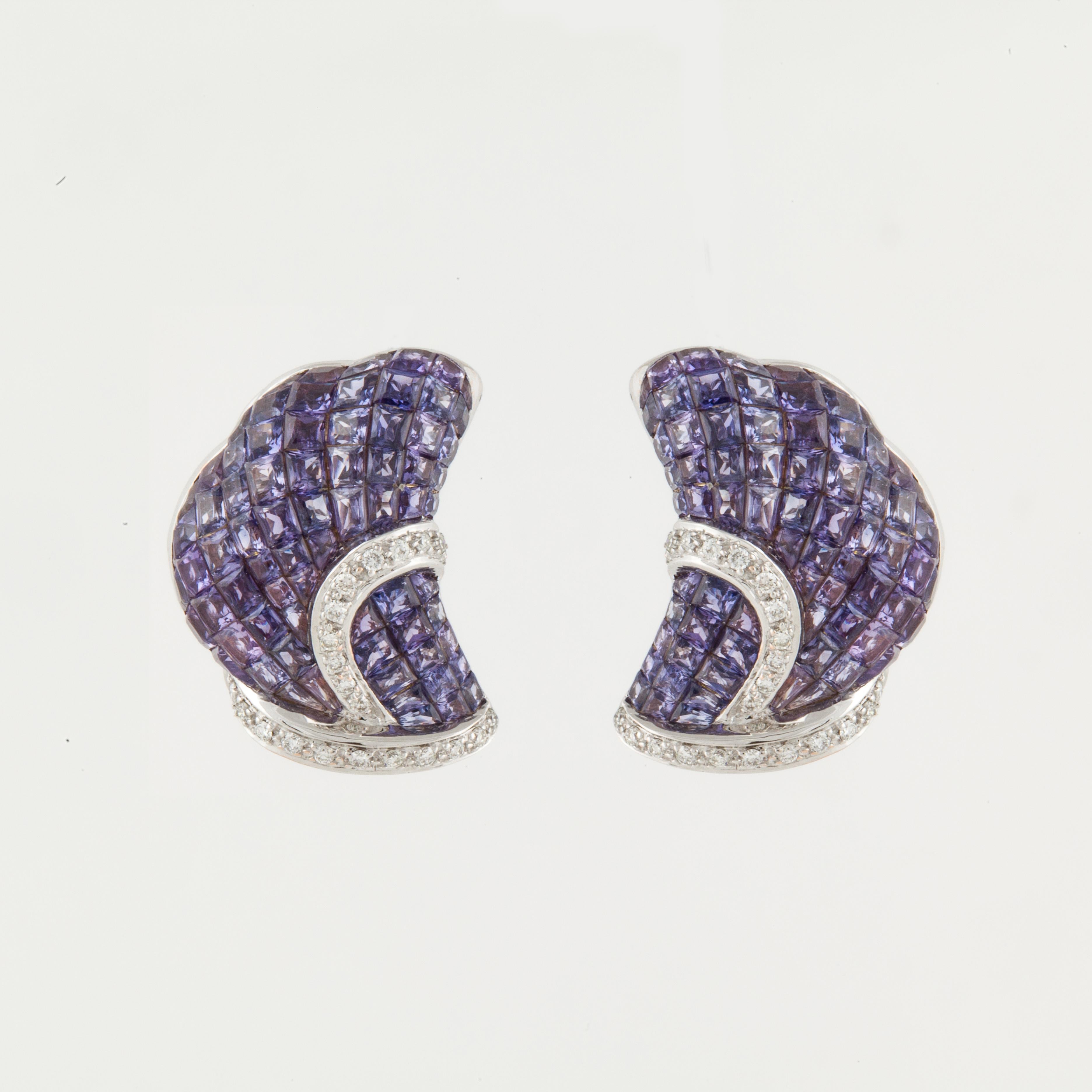 Mixed Cut Nini Invisible-Set Purple Sapphire and Diamond Earrings in 18K White Gold For Sale