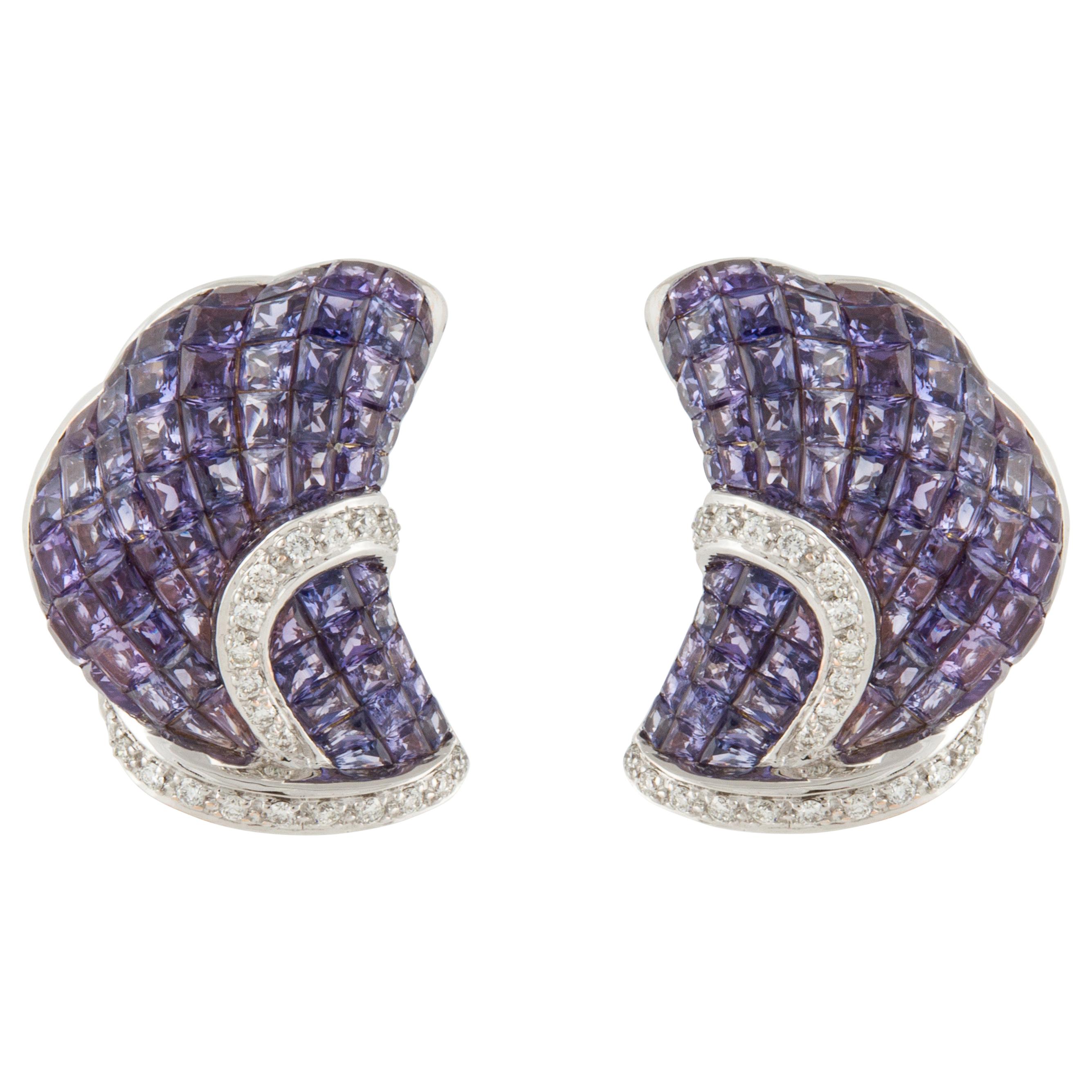 Nini Invisible-Set Purple Sapphire and Diamond Earrings in 18K White Gold