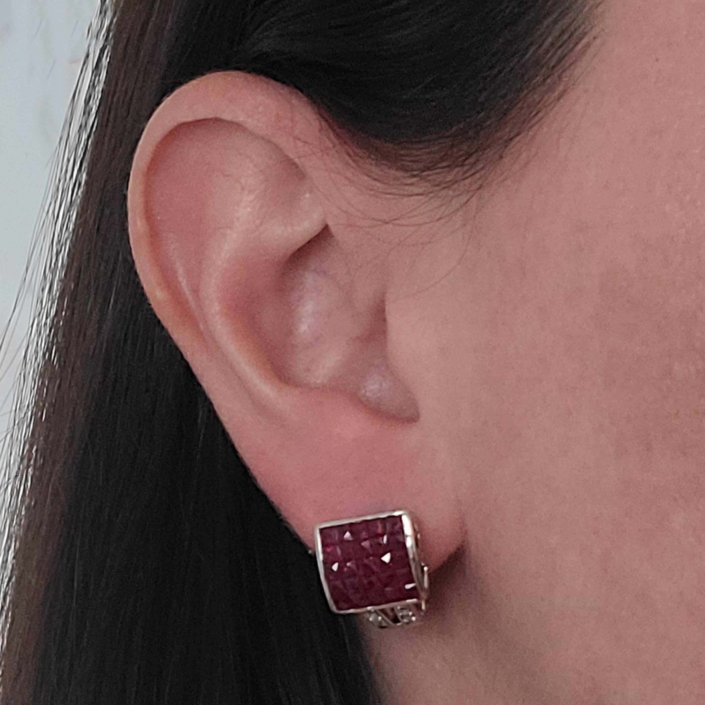 White Gold Invisible Set Ruby Cluster Earrings In Good Condition For Sale In Coral Gables, FL