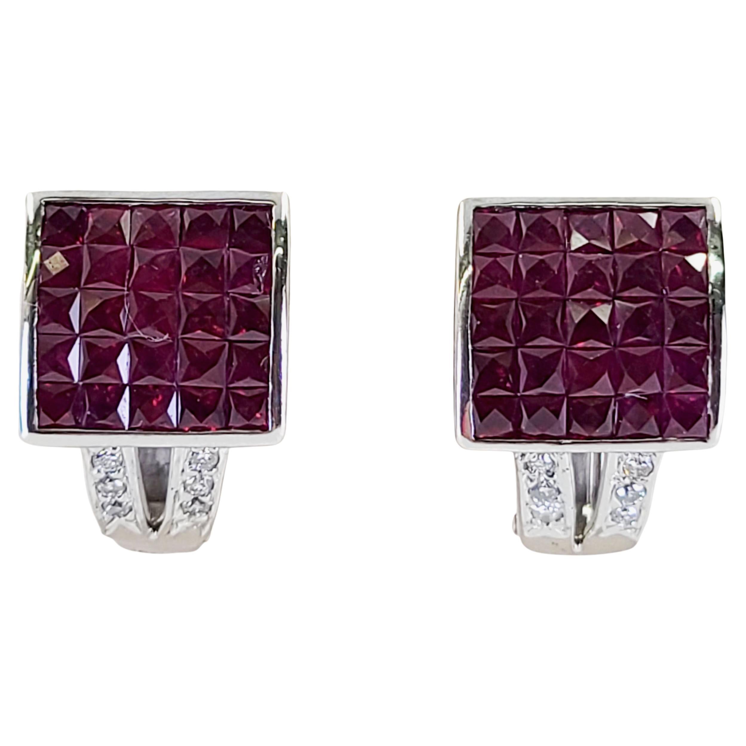 White Gold Invisible Set Ruby Cluster Earrings For Sale