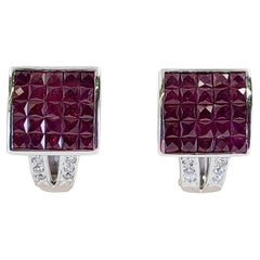 Used White Gold Invisible Set Ruby Cluster Earrings