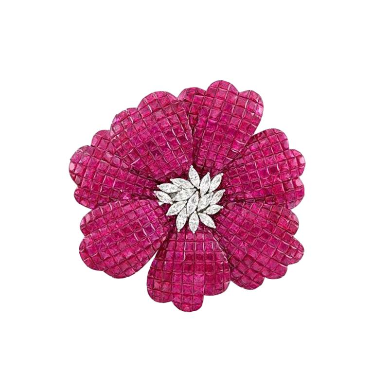 White Gold, Invisibly-Set Ruby and Diamond Flower Brooch