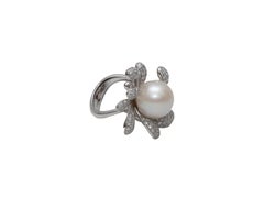 White Gold Italian Pearl & Pave Diamond Ring Size US 6.5