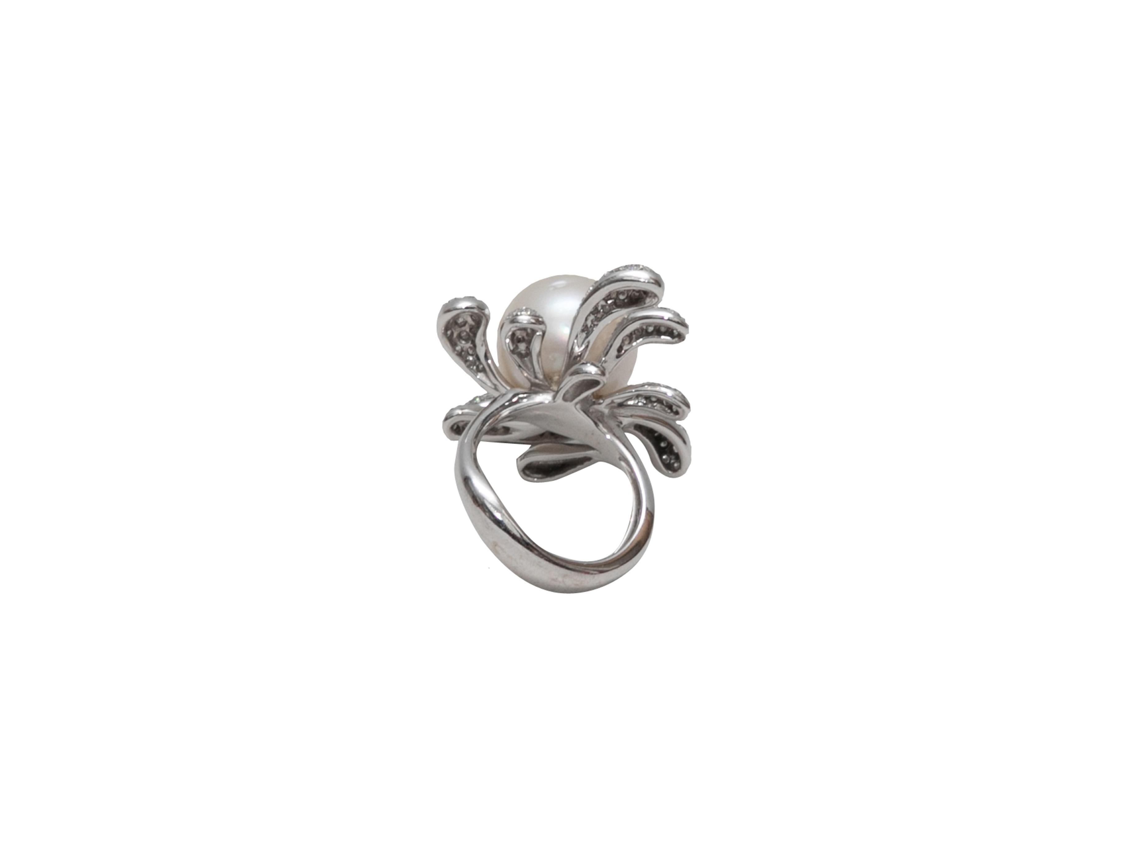 Uncut White Gold Italian Pearl & Pave Diamond Ring Size US 6.5 For Sale