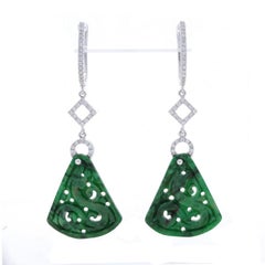 White Gold Jade & Diamond Fan Hoop Dangle Earrings - 18k Carved .33ctw Pierced