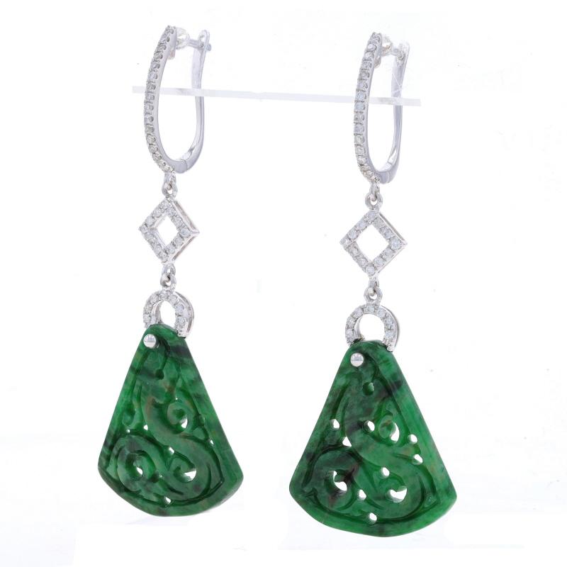 Round Cut White Gold Jade & Diamond Fan Hoop Dangle Earrings - 18k Carved .33ctw Pierced For Sale