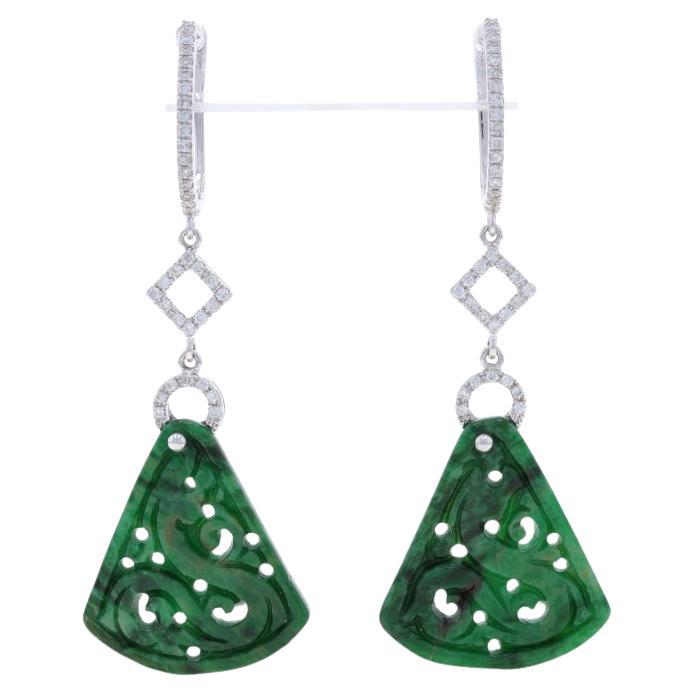 White Gold Jade & Diamond Fan Hoop Dangle Earrings - 18k Carved .33ctw Pierced For Sale