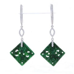 White Gold Jade & Diamond Hoop Dangle Earrings - 18k Carved .25ctw Pierced