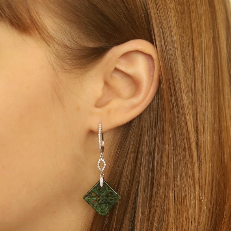 Women's White Gold Jade & Diamond Hoop Dangle Earrings - 18k Carved .25ctw Pierced For Sale