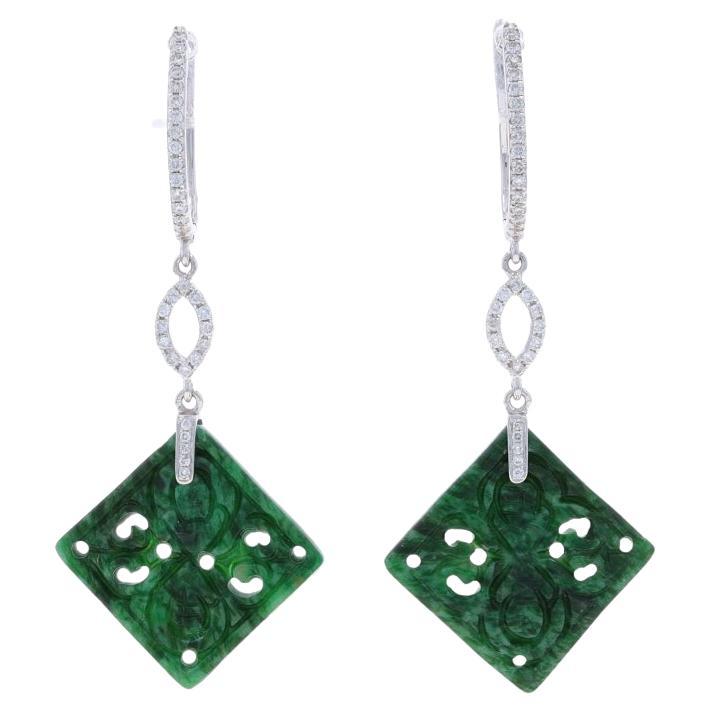 White Gold Jade & Diamond Hoop Dangle Earrings - 18k Carved .25ctw Pierced For Sale