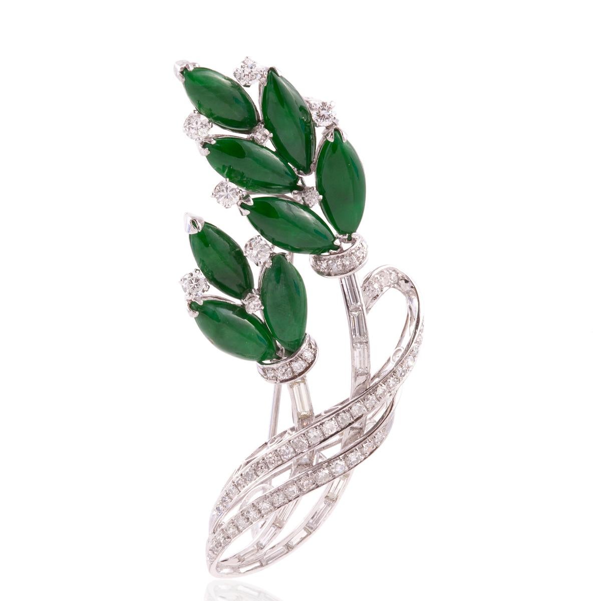 Mixed Cut Jade and Diamond Pin in 14K White Gold