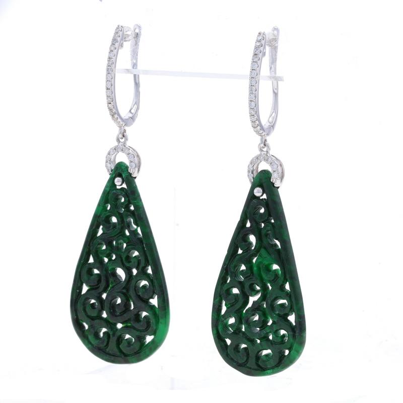 Metal Content: 18k White Gold

Stone Information

Natural Jade
Treatment: Routinely Enhanced
Cut: Carved
Color: Green

Natural Diamonds
Carat(s): .20ctw
Cut: Round Brilliant
Color: F - G
Clarity: I1 - I2

Total Carats: .20ctw

Style: Hoop