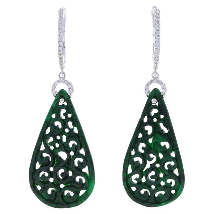 White Gold Jade & Diamond Scroll Teardrop Hoop Dangle Earrings 18k Carved .20ctw For Sale