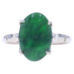 Oro Blanco Jadeíta Retro Cocktail Anillo Solitario 14k Cabujón Oval 3.13ct GIA