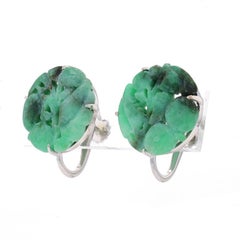 White Gold Jadeite Vintage Large Stud Earrings - 18k Carved Flowers Non-Pierced