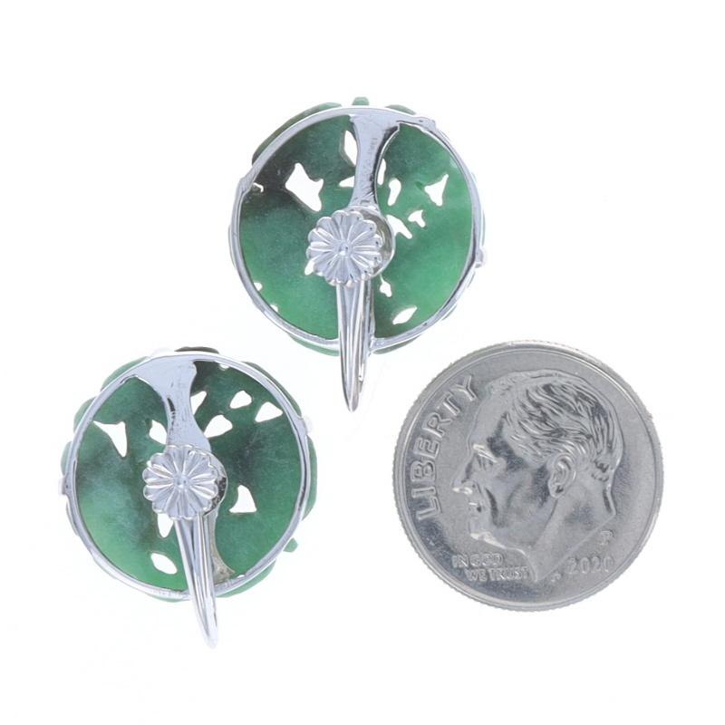 Round Cut White Gold Jadeite Vintage Large Stud Earrings - 18k Carved Flowers Non-Pierced For Sale