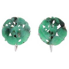 White Gold Jadeite Vintage Large Stud Earrings - 18k Carved Flowers Non-Pierced