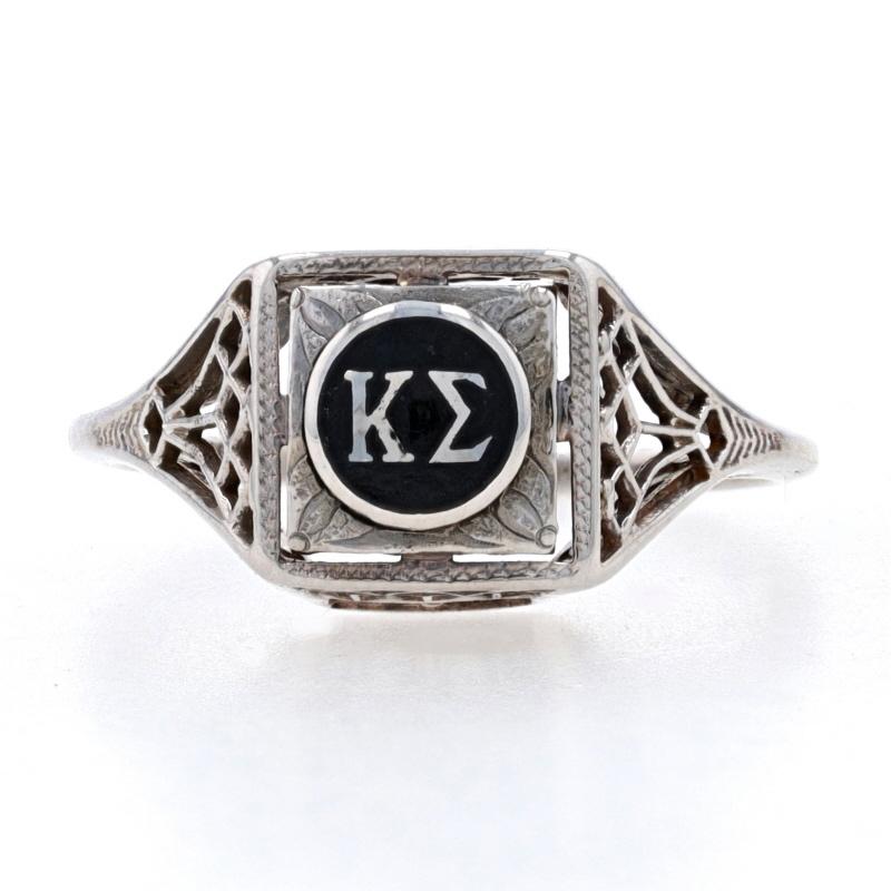 Size: 3
Sizing Fee: Down 1 size for $30 or up 2 sizes for $35

Fraternity: Kappa Sigma
Fraternity Founding Date: 1869
Era: Art Deco
Date: 1920s - 1930s

Metal Content: 14k White Gold

Material Information
Enamel
Color: Black

Style: Sweetheart