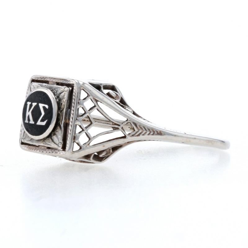 Women's White Gold Kappa Sigma Art Deco Sweetheart Ring - 14k Enamel Vintage Filigree For Sale