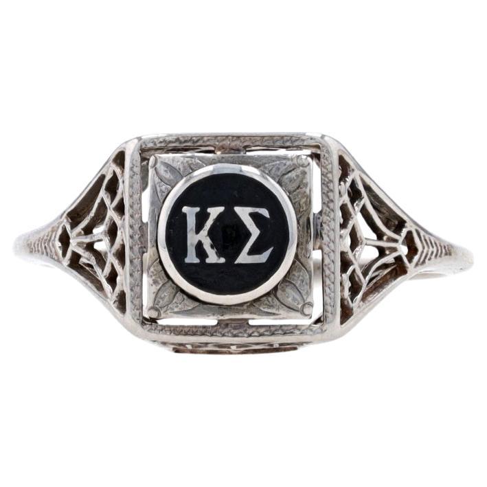 White Gold Kappa Sigma Art Deco Sweetheart Ring - 14k Enamel Vintage Filigree For Sale