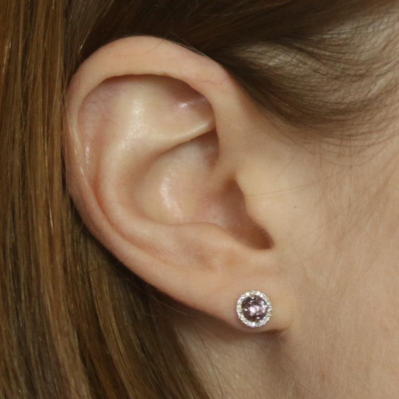 Round Cut White Gold Lab-Created Alexandrite Dia Halo Stud Earrings 14k Round Rose .92ctw For Sale